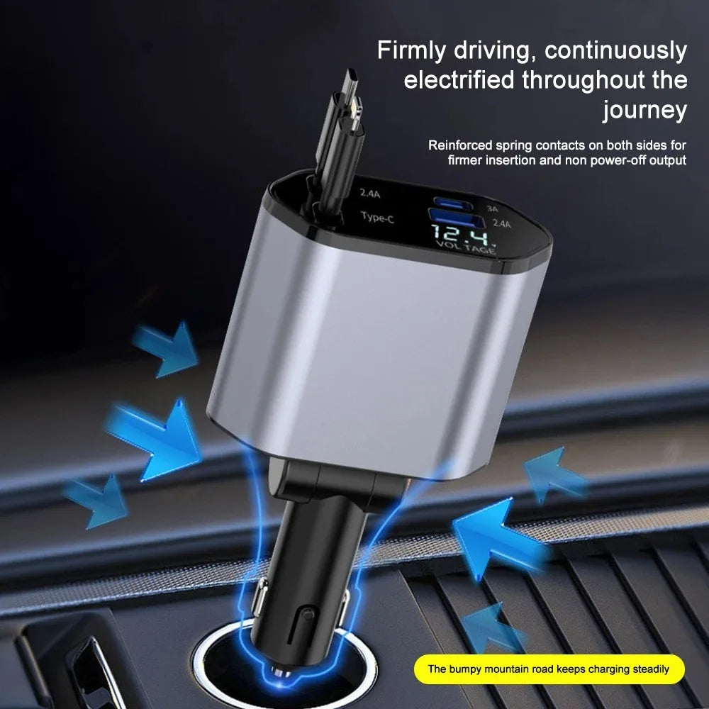 120W Retractable Car Charger - High-Power In-Car Charging with a Tangle-Free Cord