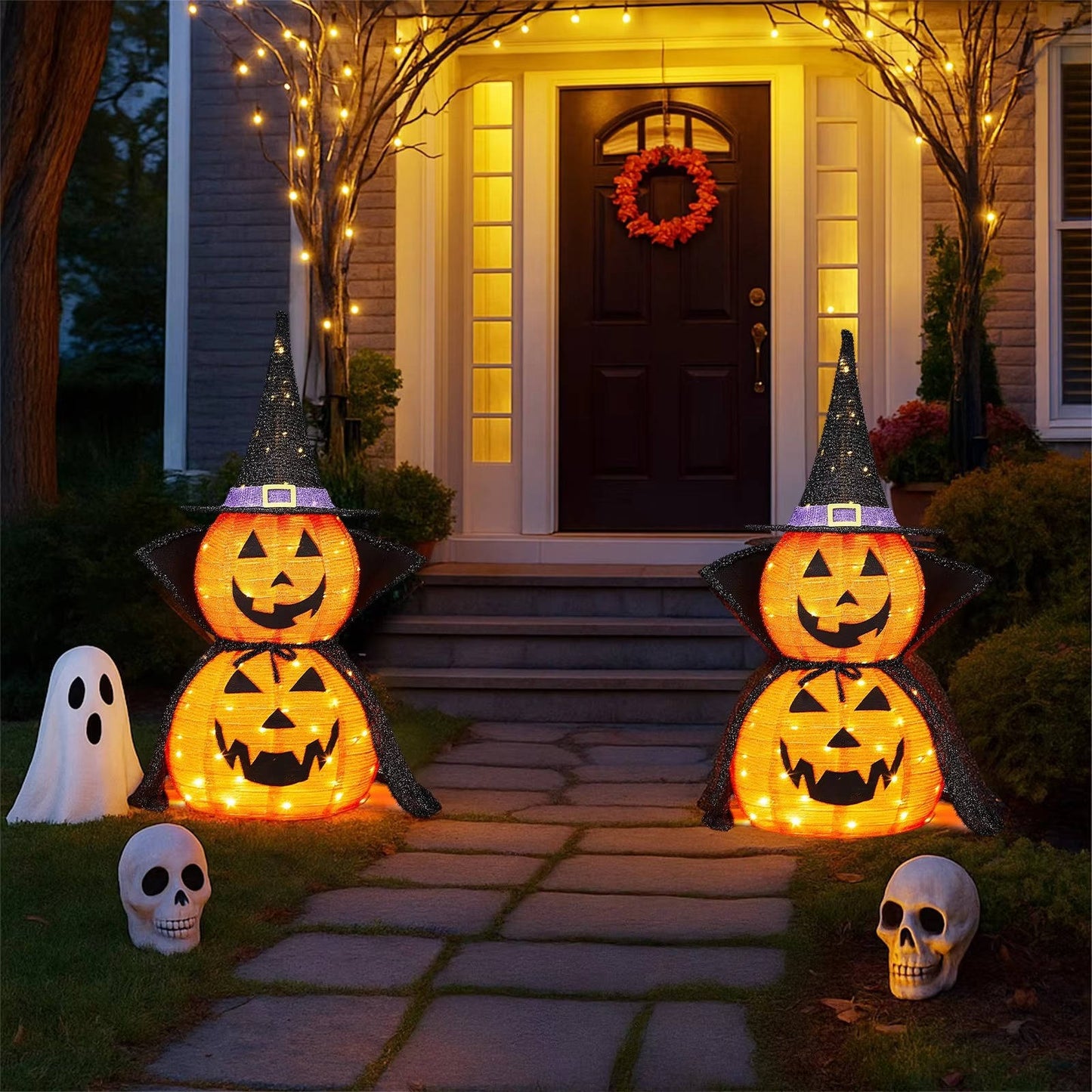 2-Pack 3-Foot Collapsible Lighted Halloween Pumpkin Garden Decor for Indoor/Outdoor Use