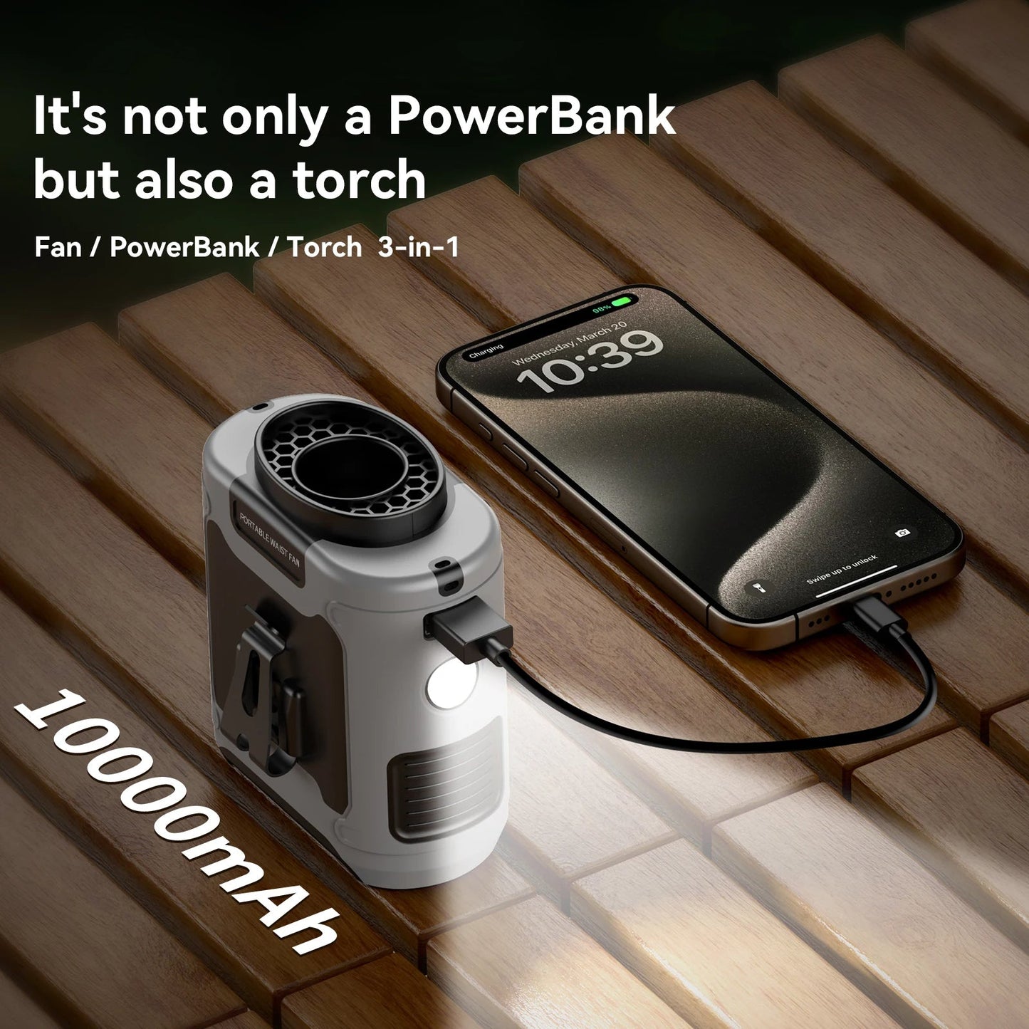 10000mAh Outdoor Waist Fan – Portable, Hands-Free Personal Cooling for Hiking and Camping