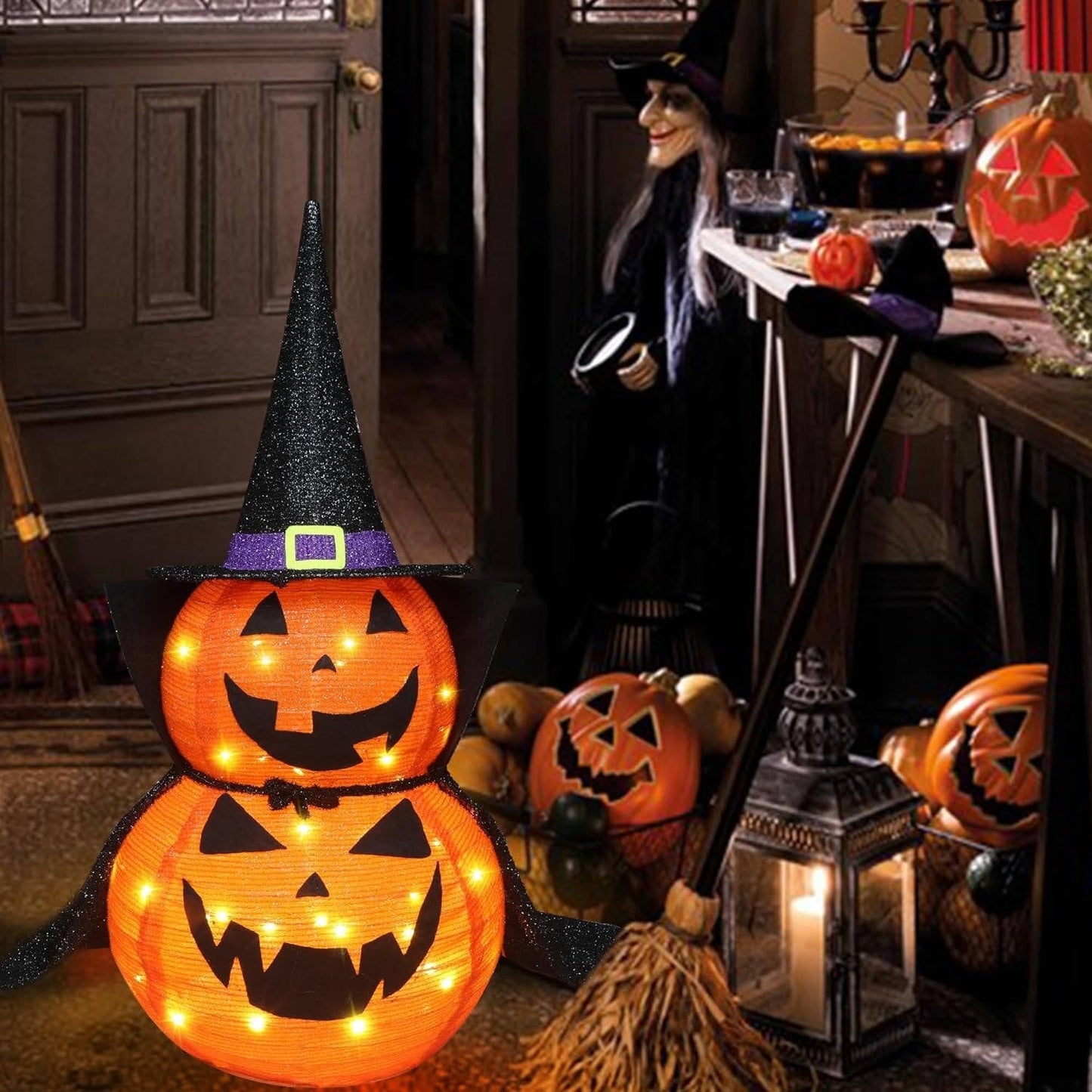 2-Pack 3-Foot Collapsible Lighted Halloween Pumpkin Garden Decor for Indoor/Outdoor Use