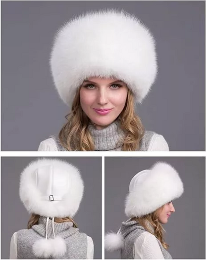 100% Natural Fox Fur Hat for Women - Thick, Warm Winter Earflap Cap with Earmuffs, Fashionable Fur Hat